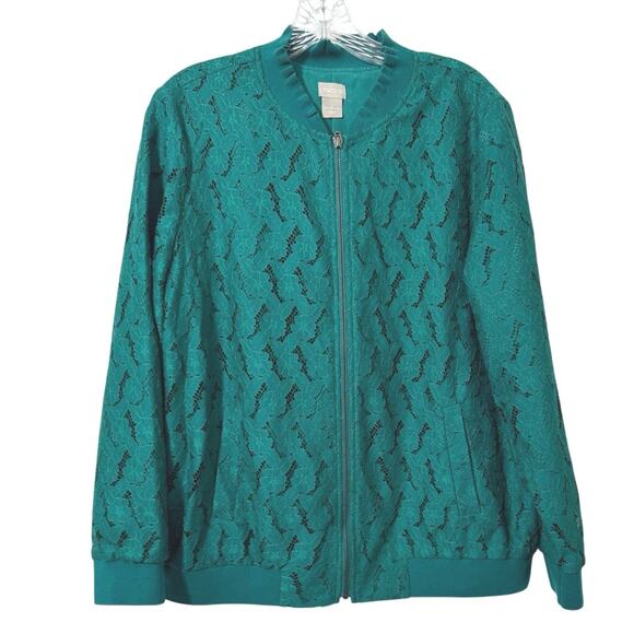 Chico’s Women’s Lace Full Zip Bomber Type Long Sleeve Lined Bomber Jacket 2 L 12 - Picture 2 of 11
